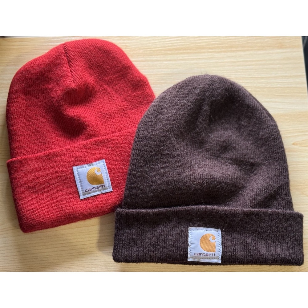 Carhartt Beanie Hats Lot of 2 Red Dark Brown Knit Acrylic Winter Watch Caps Mens